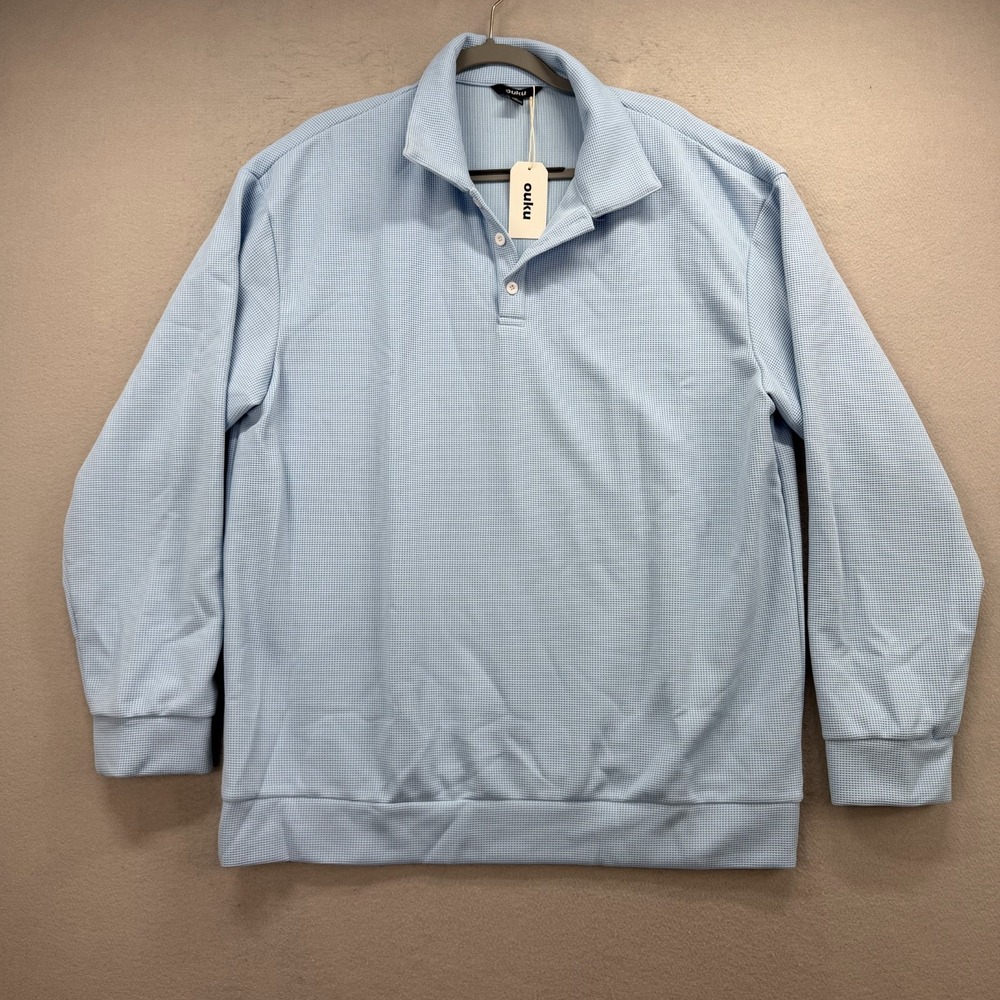 Ouku Men XL Polo Shirt Long Sleeve Light Blue Waffle Knit Ribbed Casual NEW